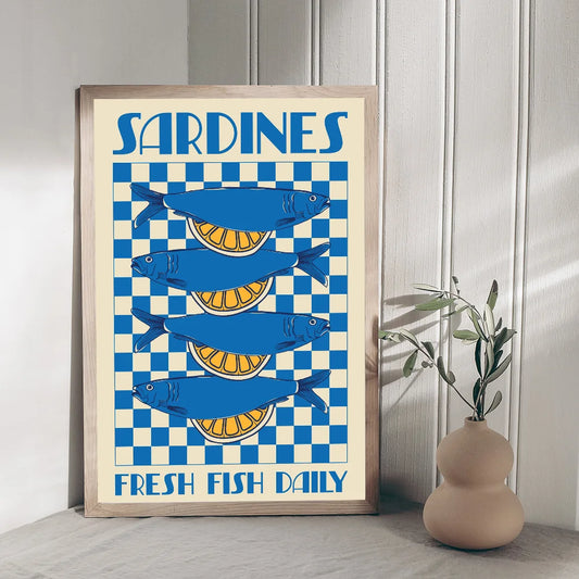 Vintage Sardines Blue Colourful Poster