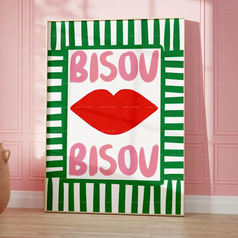 Bisou Bisou Green Stripe Canvas Wall Art Poster